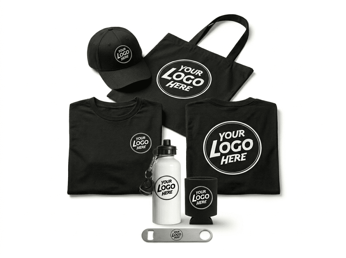 MACV custom merchandise — t-shirt, tote bag, cap, and hoodie